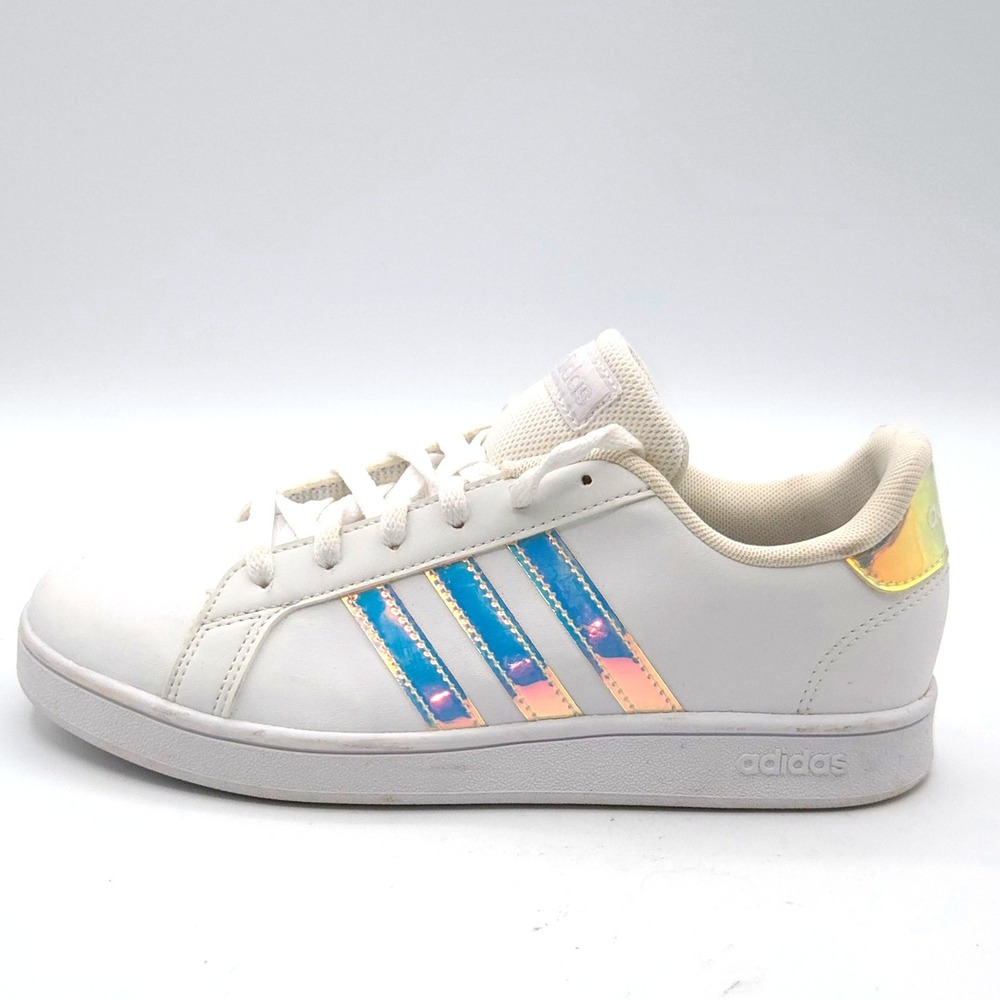 Adidas Grand Court TD Sneakers Iridescent Blue Stripes Holograpgic Heel  Size 4